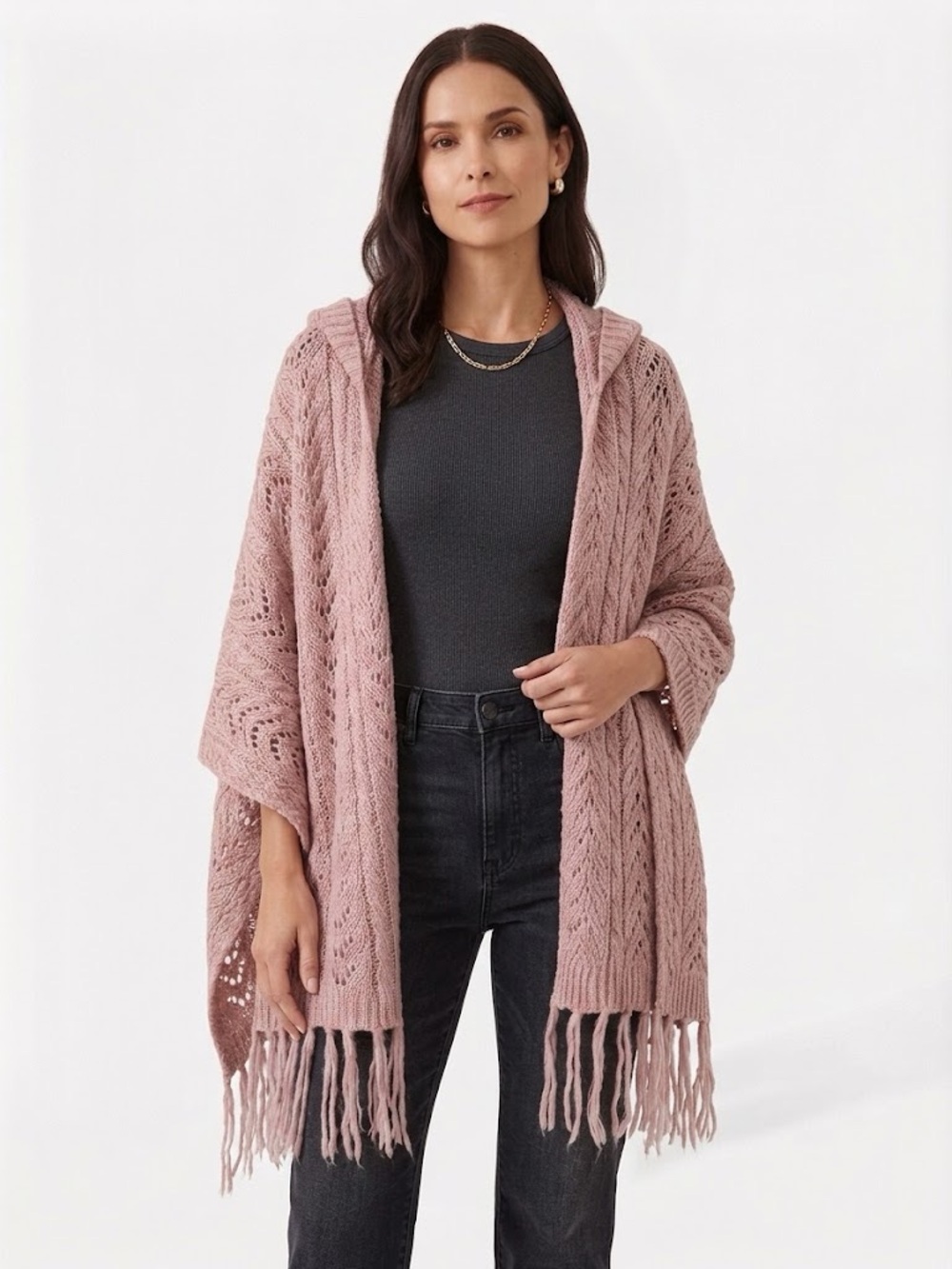 Hooded Open-Knit Fringe Poncho in Dusty Rose
